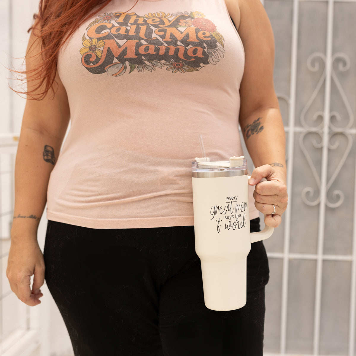 Insulated 40oz Travel Tumbler Mom Says The F Word Handle Lid Straw Gift