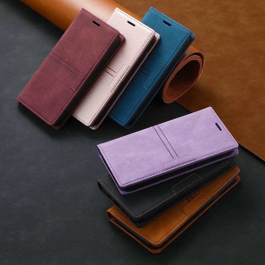 Iphone Wallet Skin Friendly Magnetic Flip With Card Slot Leather Case For iPhone 14 Pro Max 13 12 11 Modern Purple Genuine Leather Detachable Magnetic Flip Cover with Card Holders