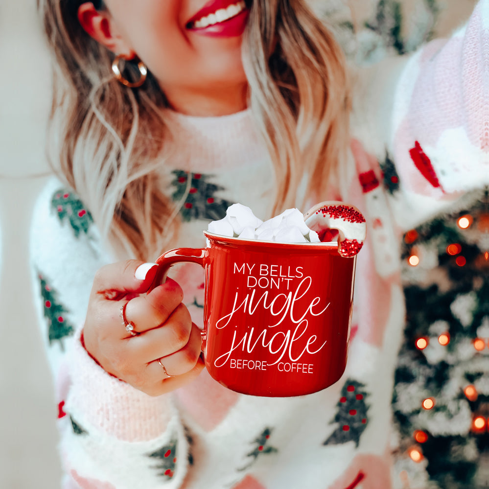 Jingle Jingle Ceramic Campfire Mug 14.5oz Red Or Green, Double Sided White Lettering, Microwave Safe