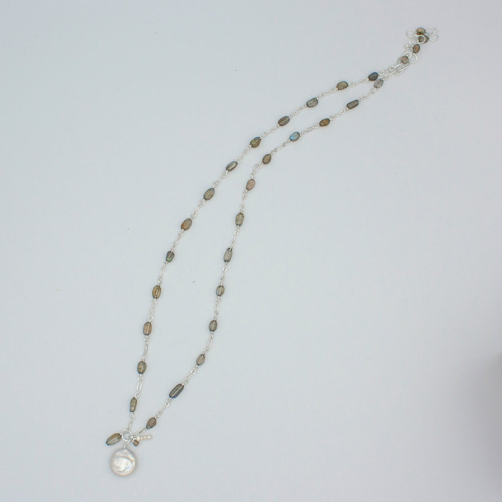 Labradorite Chain Necklace With Freshwater Pearl Pendant