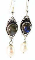 Labradorite Pearl Drop Earrings Sterling Hook Dangle