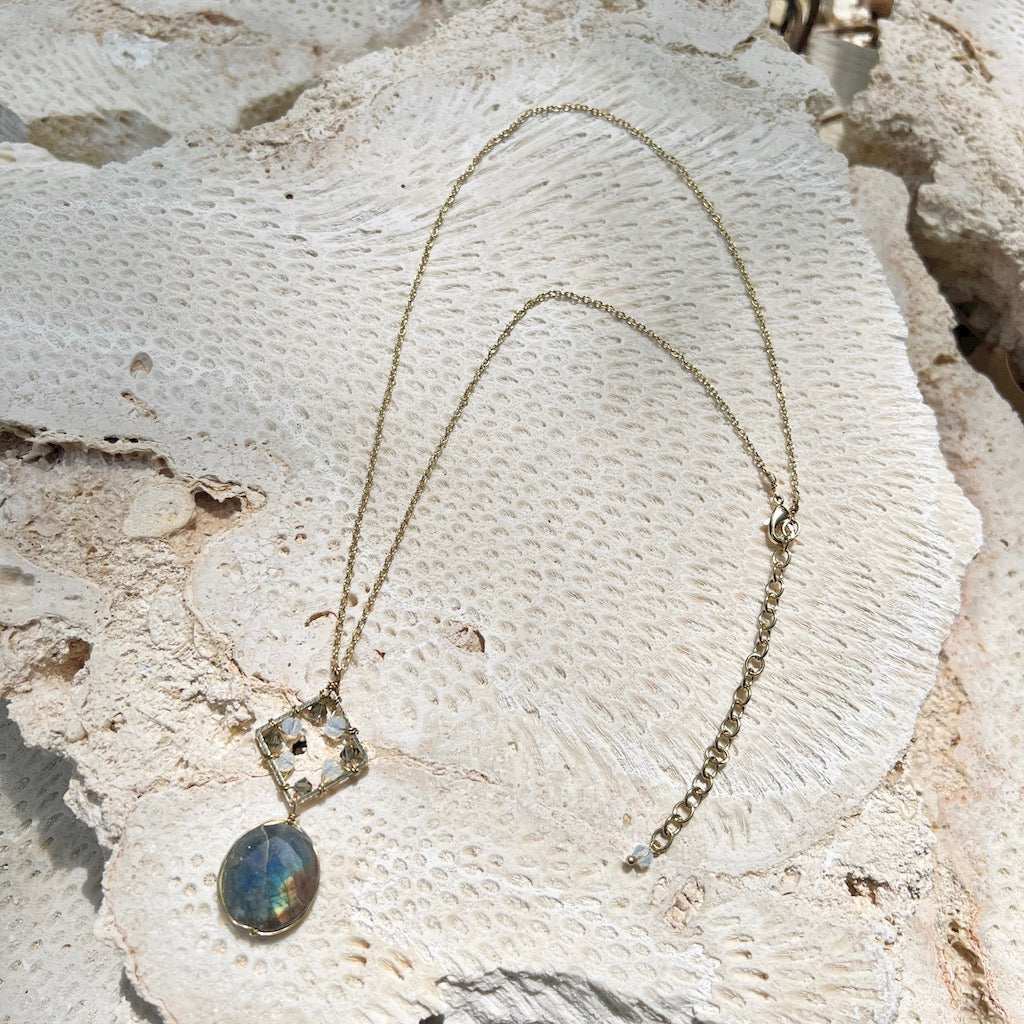 Labradorite Pendant Necklace Brass Wire Wrap Glass Beads Minimal Healing Aura