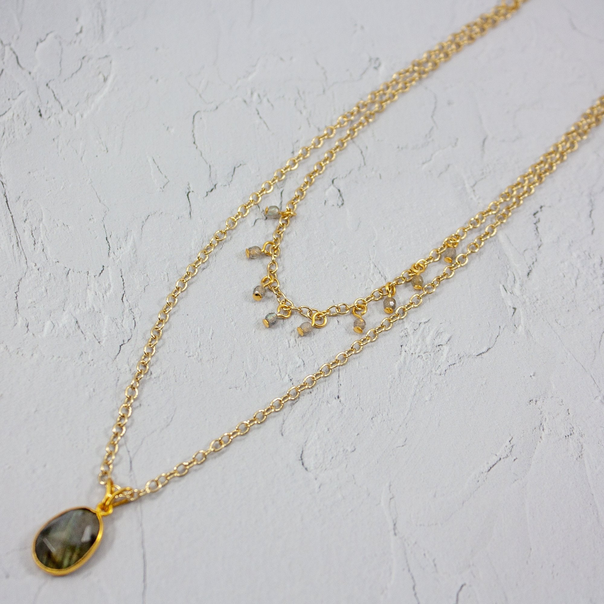 Labradorite Pendant Necklace Gold Filled Layered Design