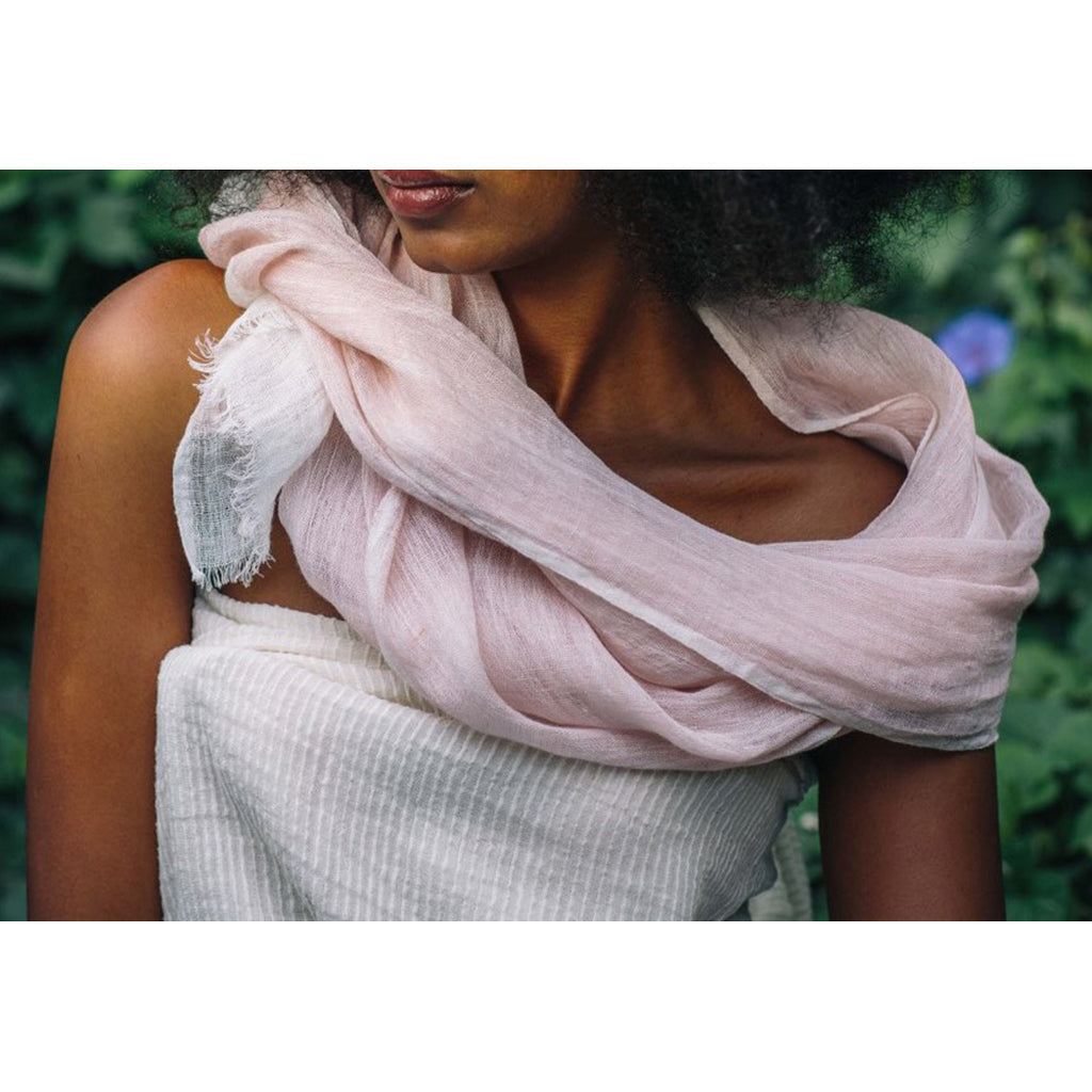 Linen Gauze Two-Tone Scarf Lightweight Handwoven Eyelash Fringe White Stripe