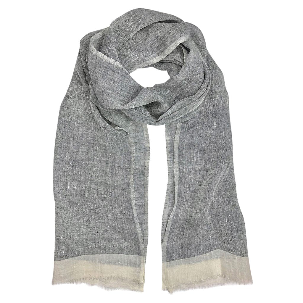 Linen Gauze Two-Tone Scarf Lightweight Handwoven Eyelash Fringe White Stripe