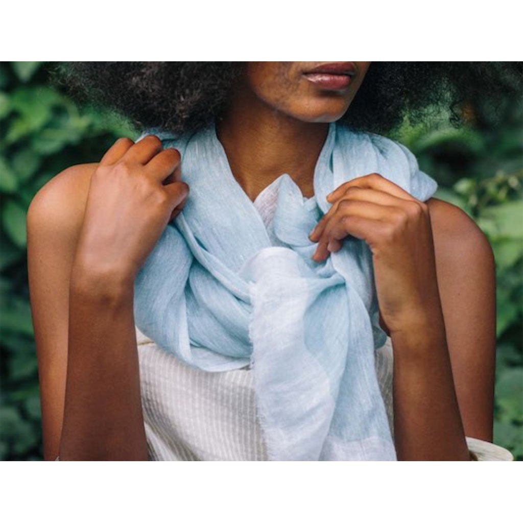 Linen Gauze Two-Tone Scarf Lightweight Handwoven Eyelash Fringe White Stripe