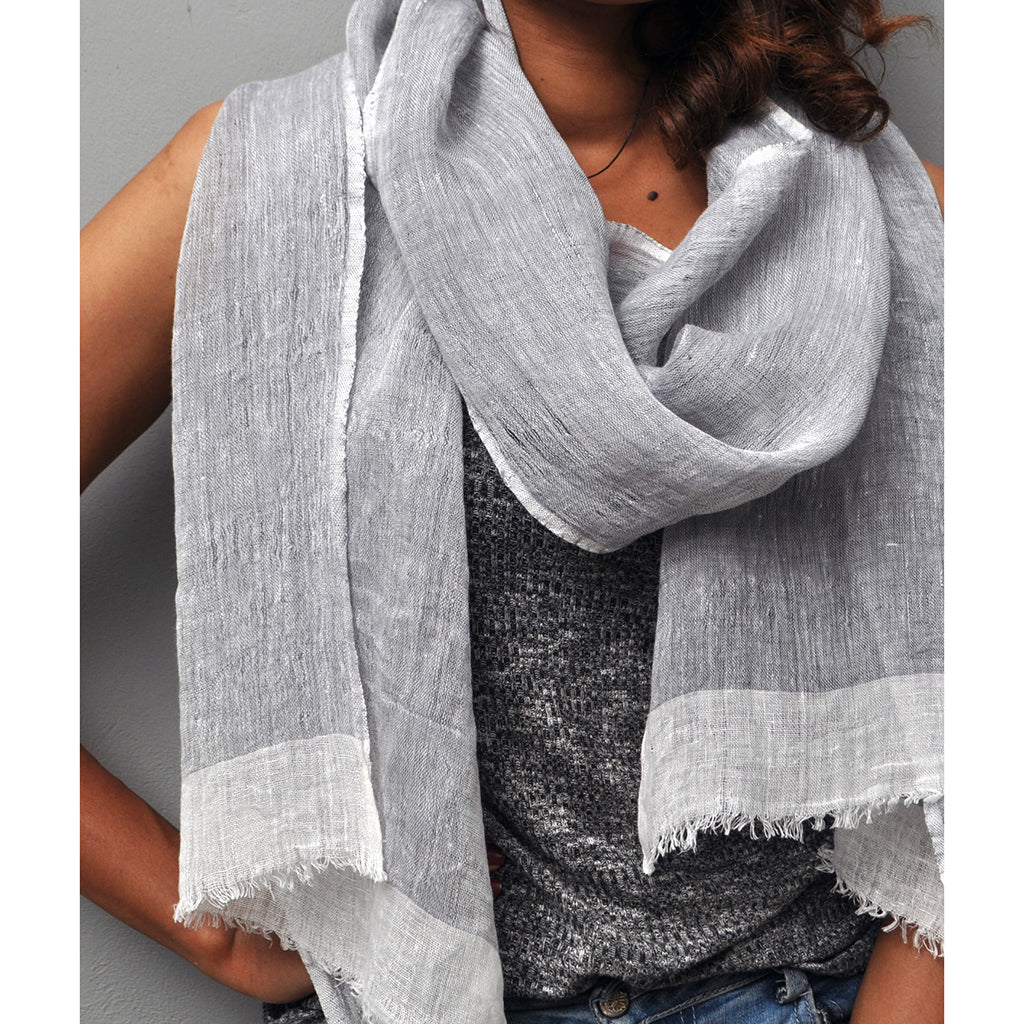 Linen Gauze Two-Tone Scarf Lightweight Handwoven Eyelash Fringe White Stripe