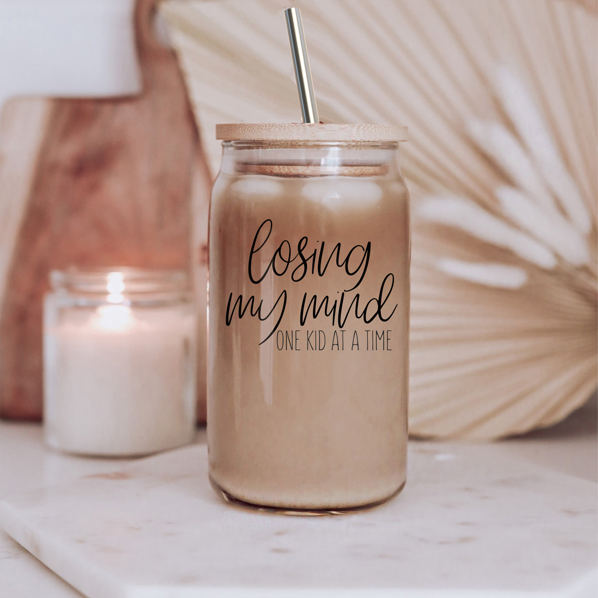 Losing My Mind 17oz Glass Tumbler With Bamboo Lid Stainless Straws Straw Cleaner Gift