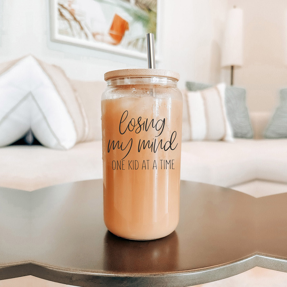 Losing My Mind 17oz Glass Tumbler With Bamboo Lid Stainless Straws Straw Cleaner Gift