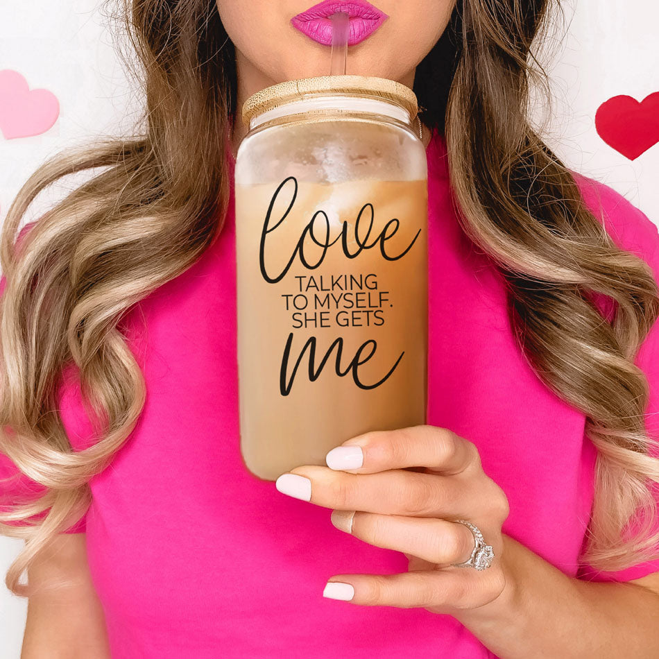 Love Talking To Myself 20oz Glass Cup With Bamboo Lid - Self Care Mug