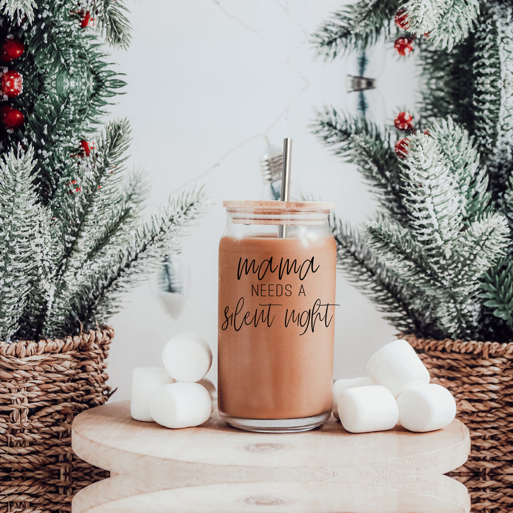 Silent Night 17oz Glass Tumbler With Bamboo Lid, 2 Stainless Straws and Cleaner
