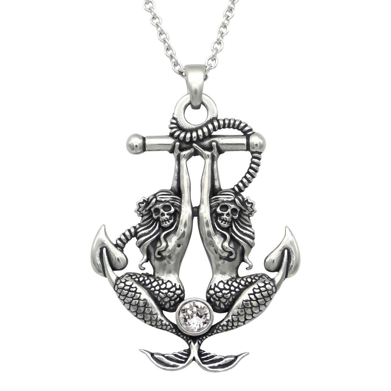 Mermaid Anchor Necklace Silver Pendant With Crystal