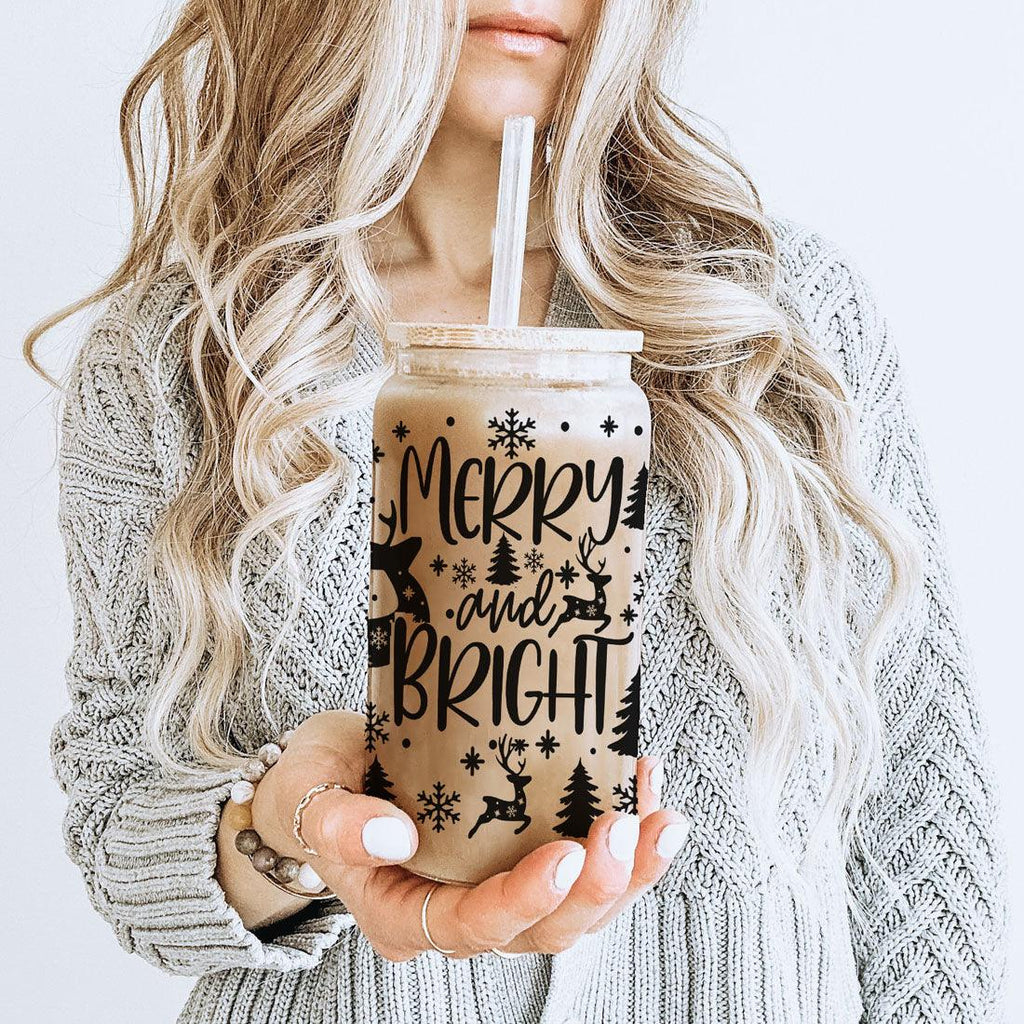 Merry And Bright 17oz Holiday Mug With Reindeer Snowflake Tree Black Lettering