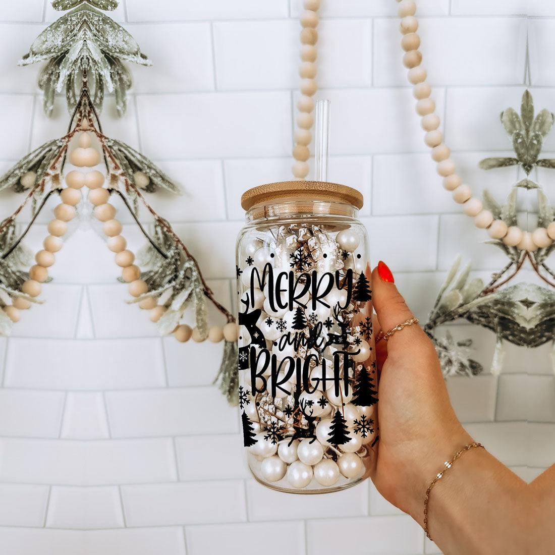 Merry And Bright 17oz Holiday Mug With Reindeer Snowflake Tree Black Lettering