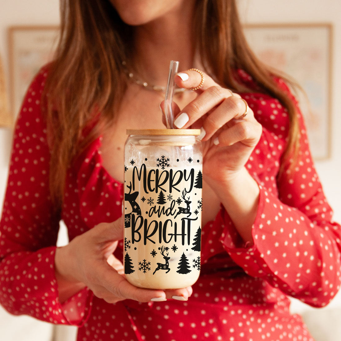 Merry And Bright 17oz Holiday Mug With Reindeer Snowflake Tree Black Lettering