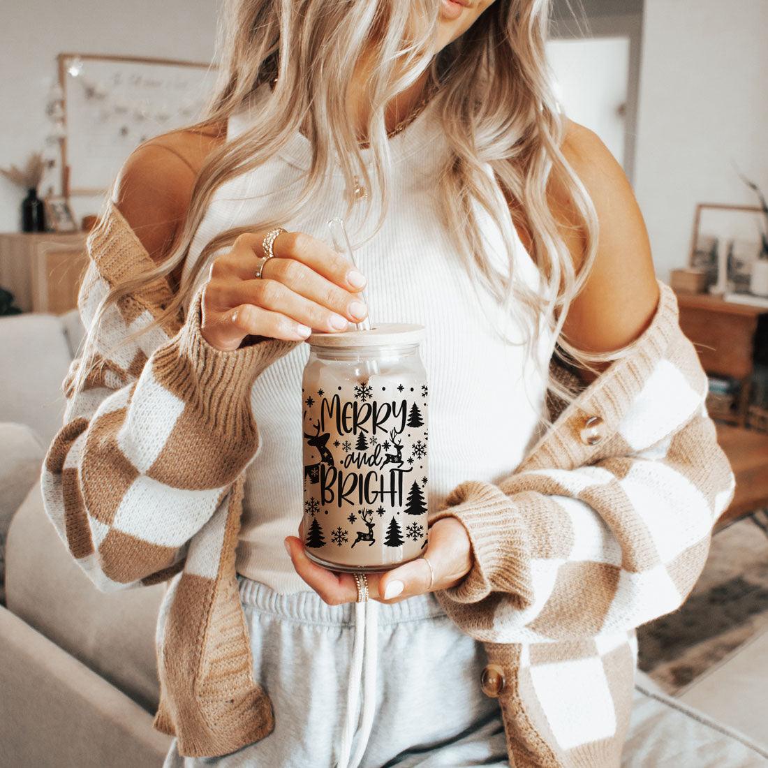 Merry And Bright 17oz Holiday Mug With Reindeer Snowflake Tree Black Lettering