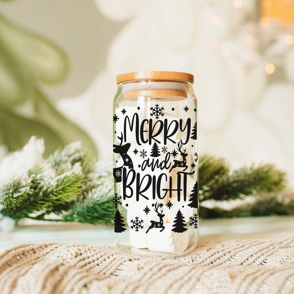 Merry And Bright 17oz Holiday Mug With Reindeer Snowflake Tree Black Lettering