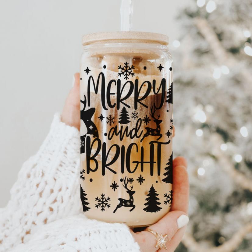 Merry And Bright 17oz Holiday Mug With Reindeer Snowflake Tree Black Lettering