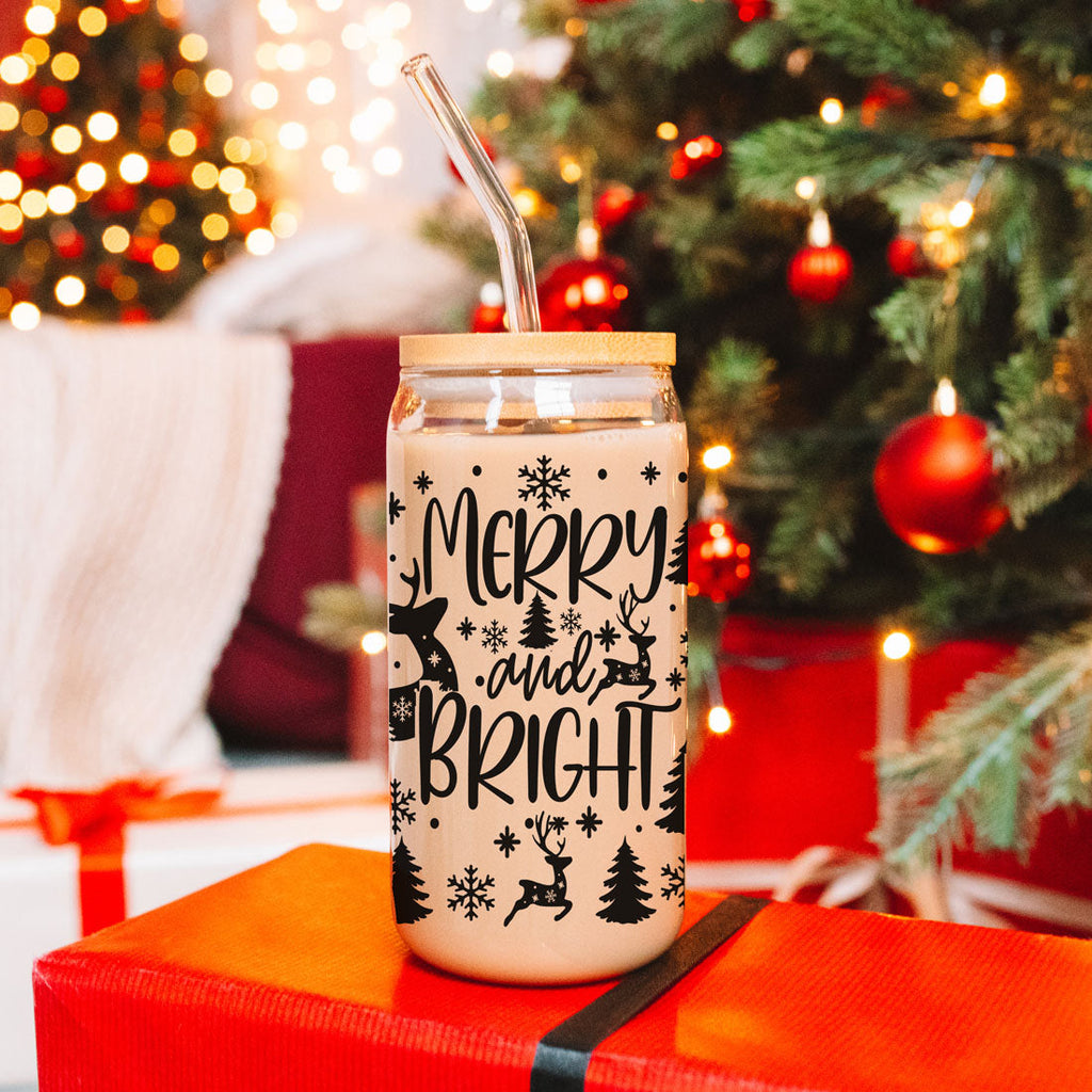 Merry And Bright 17oz Holiday Mug With Reindeer Snowflake Tree Black Lettering