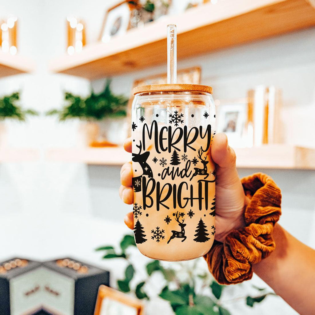 Merry And Bright 17oz Holiday Mug With Reindeer Snowflake Tree Black Lettering