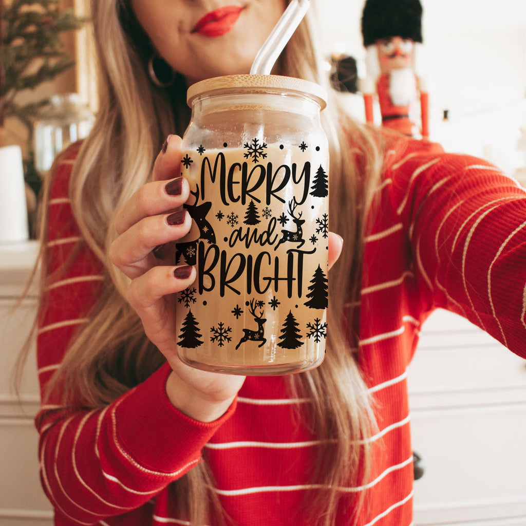Merry And Bright 17oz Holiday Mug With Reindeer Snowflake Tree Black Lettering