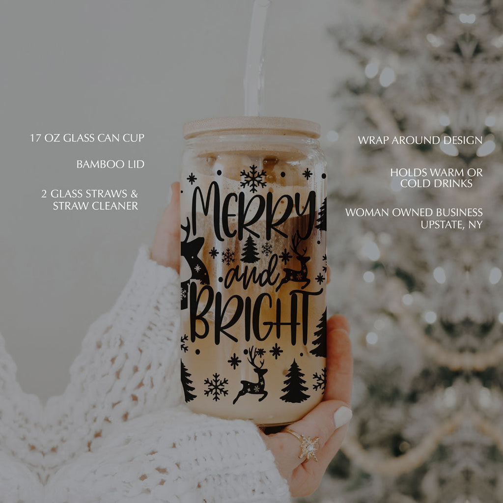 Merry And Bright 17oz Holiday Mug With Reindeer Snowflake Tree Black Lettering