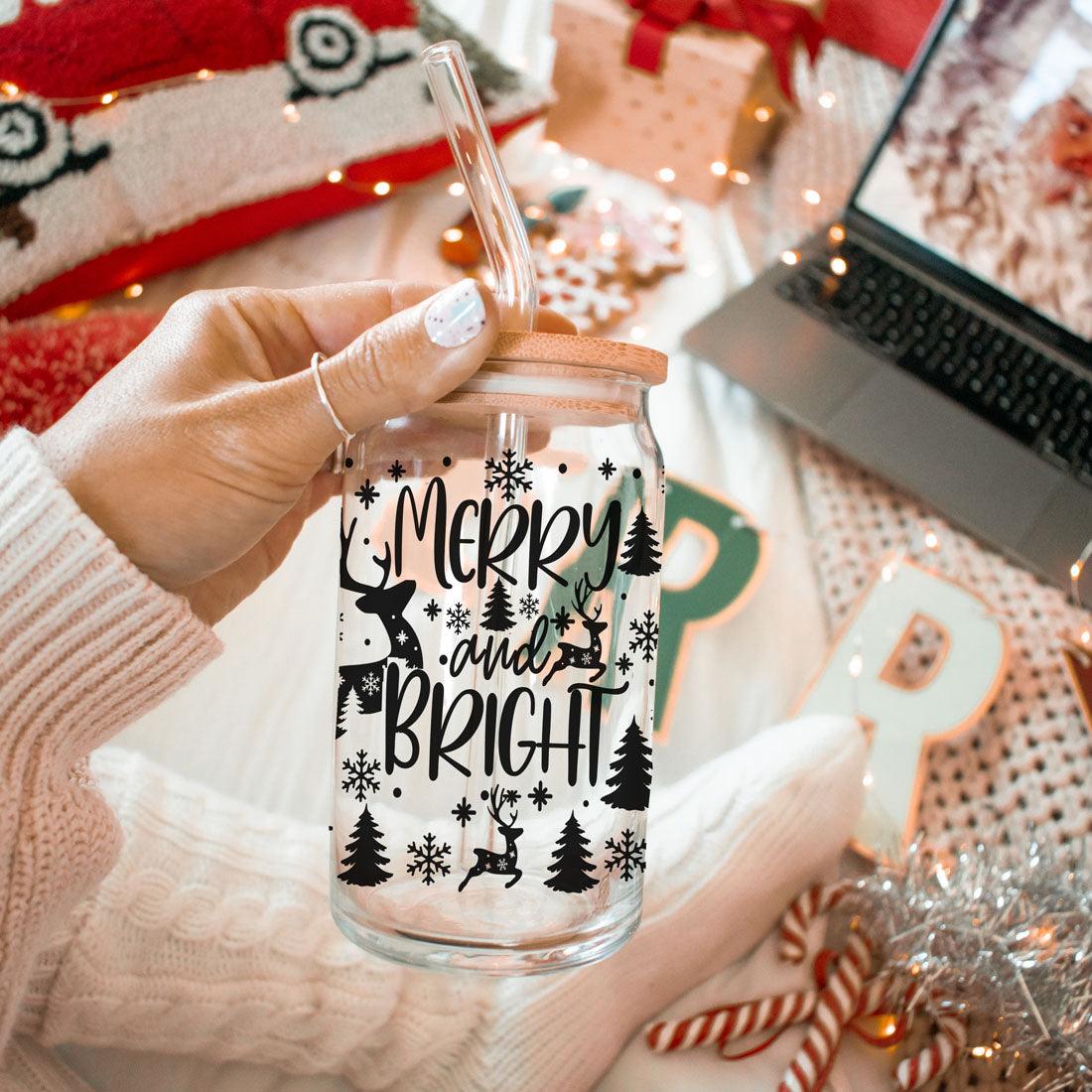 Merry And Bright 17oz Holiday Mug With Reindeer Snowflake Tree Black Lettering