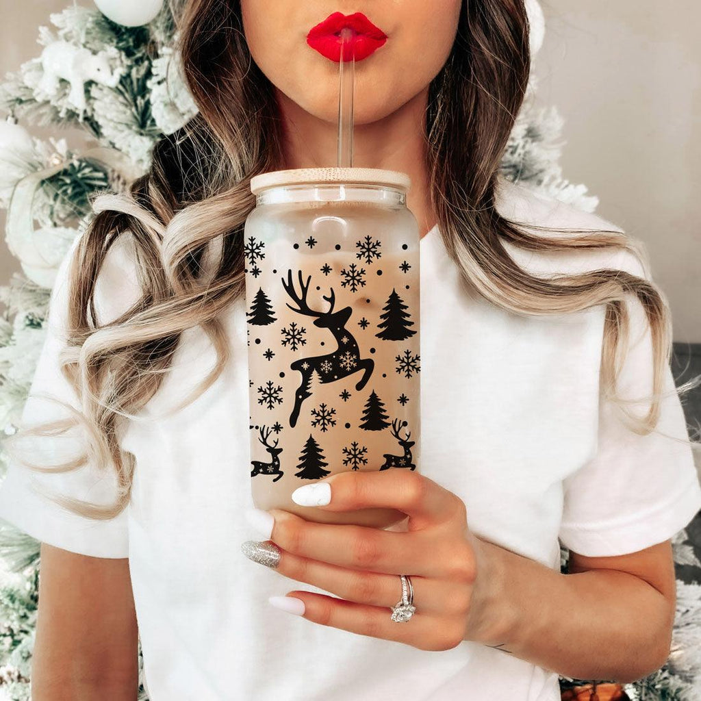 Merry And Bright 17oz Holiday Mug With Reindeer Snowflake Tree Black Lettering