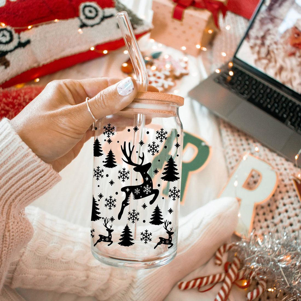 Merry And Bright 17oz Holiday Mug With Reindeer Snowflake Tree Black Lettering