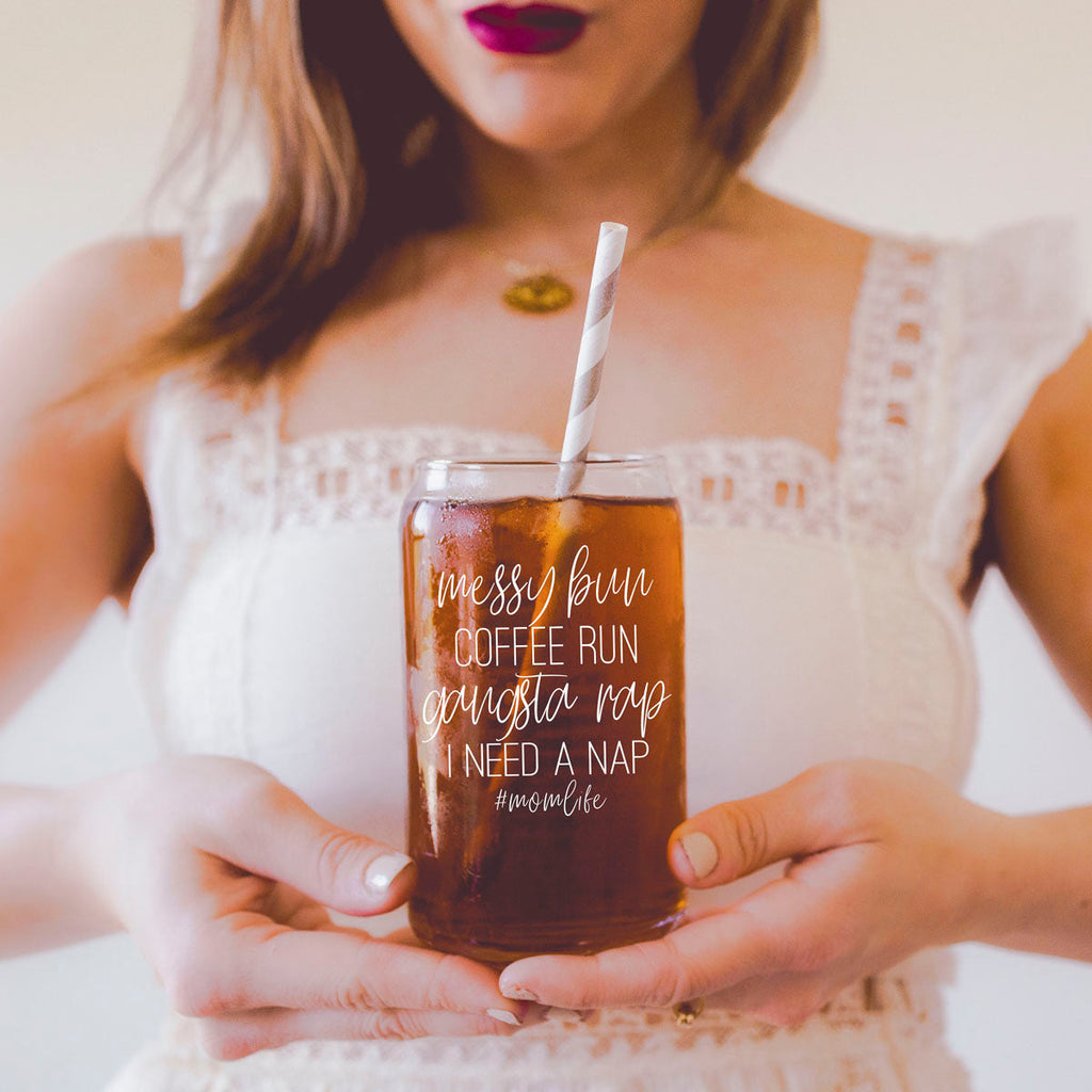 Messy Bun 17oz Glass Tumbler With Bamboo Lid Stainless Straws Mom Life Coffee Run Gift