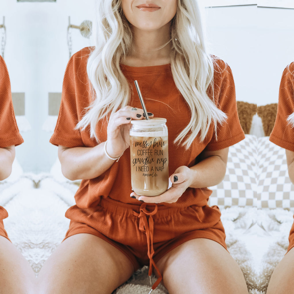 Messy Bun 17oz Glass Tumbler With Bamboo Lid Stainless Straws Mom Life Coffee Run Gift