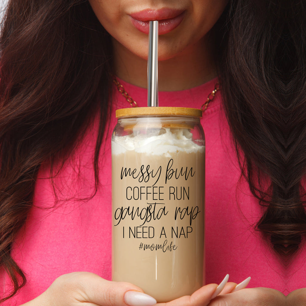 Messy Bun 17oz Glass Tumbler With Bamboo Lid Stainless Straws Mom Life Coffee Run Gift