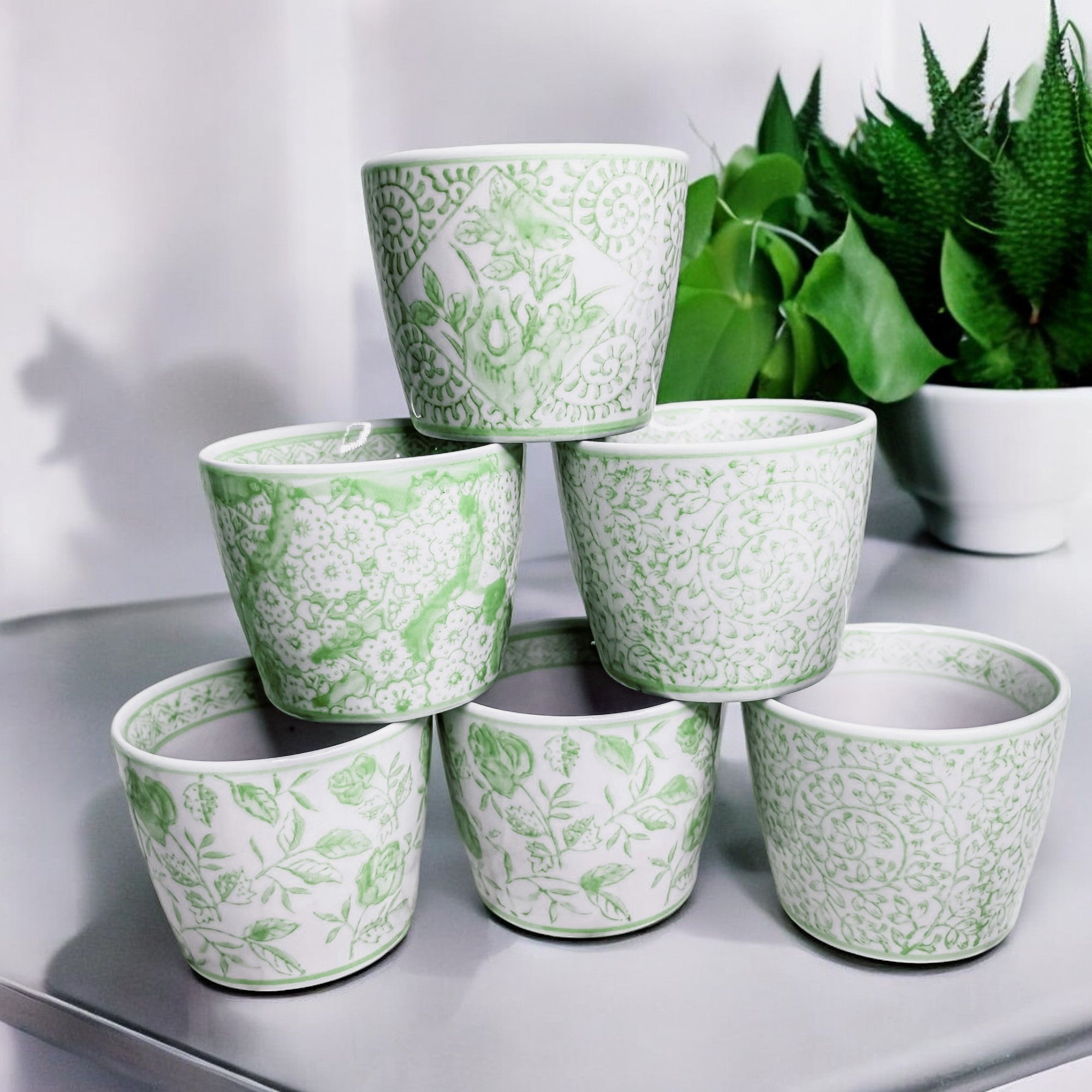 Mini Green Porcelain Cachepots Set Of 6 Hand-Painted Decorative Planters