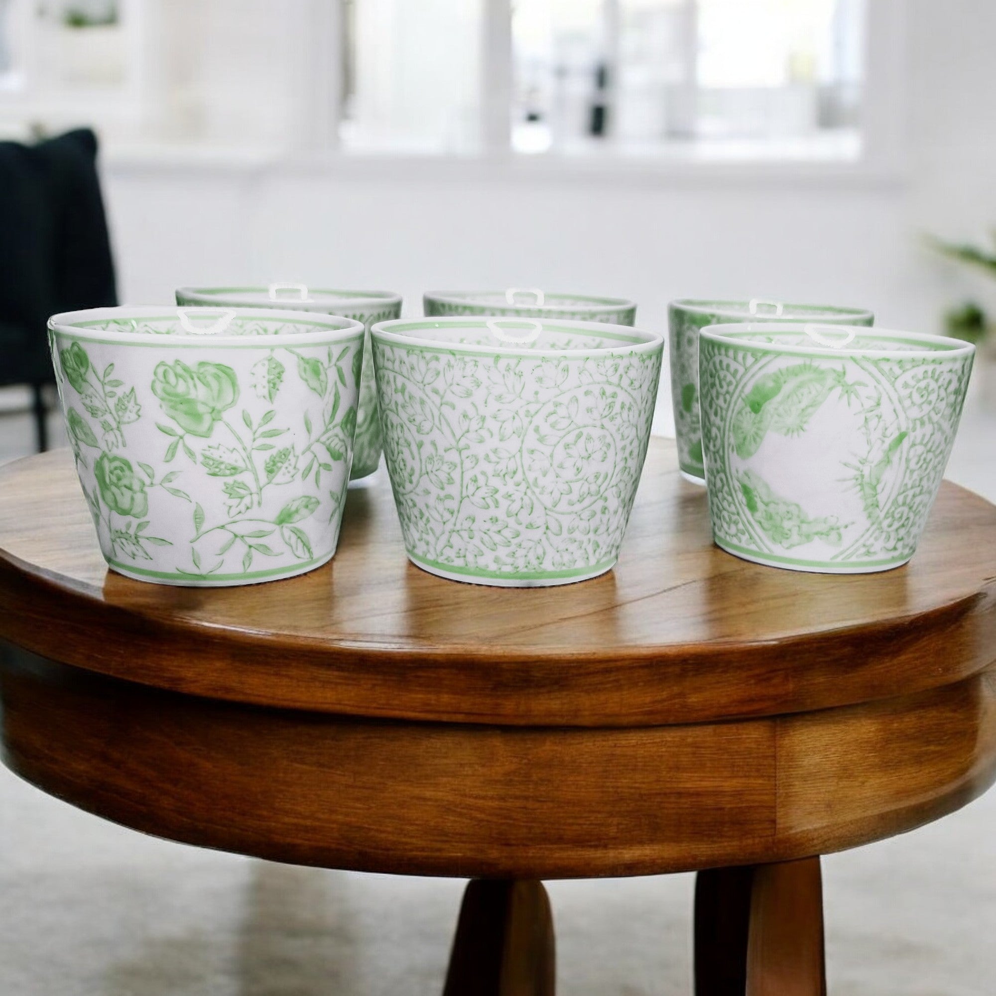 Mini Green Porcelain Cachepots Set Of 6 Hand-Painted Decorative Planters