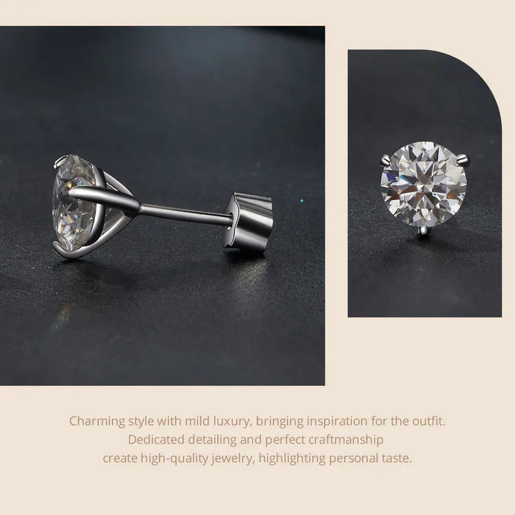 Moissanite 1Ct Round Stud Earrings Screw Back Platinum Plated S925 Minimalist