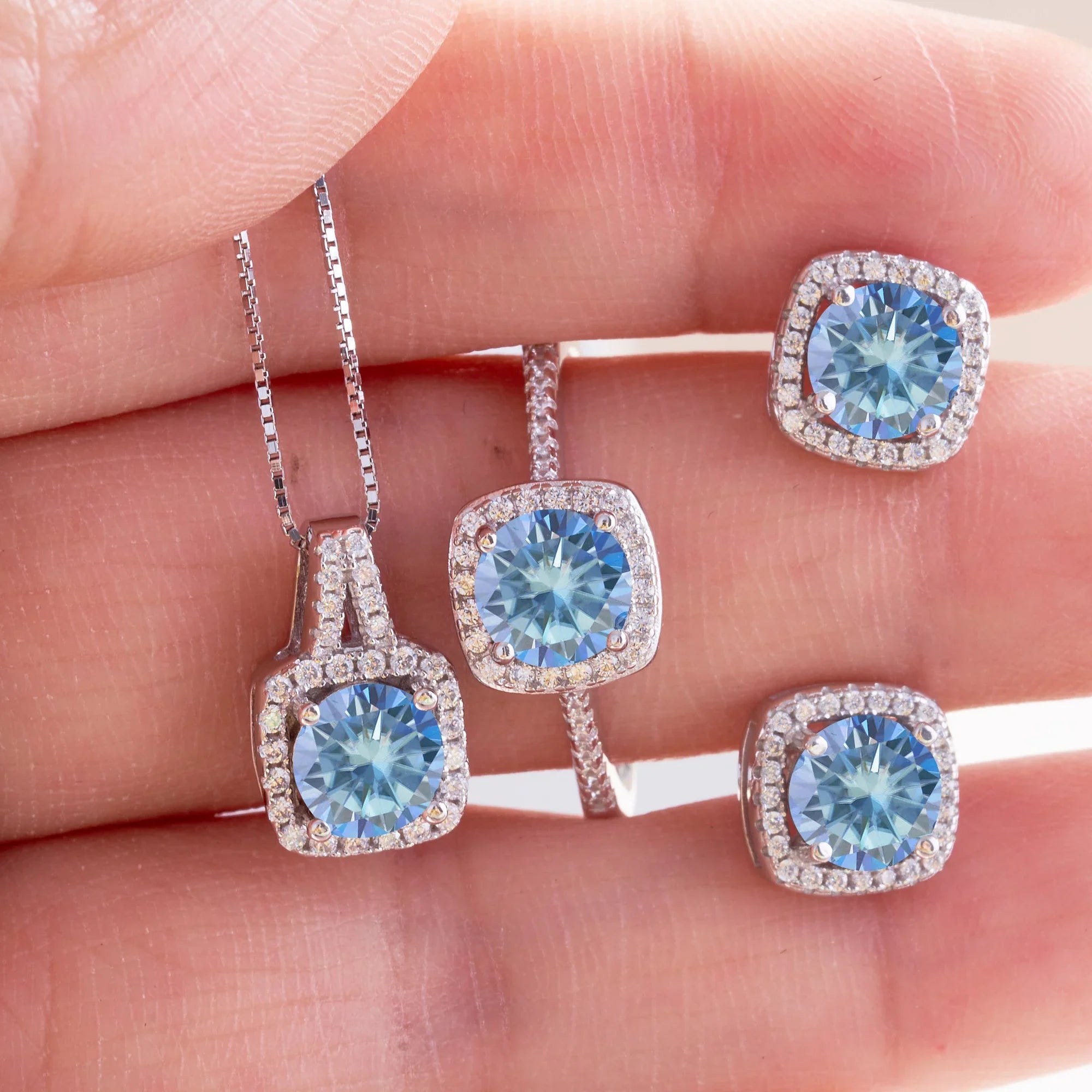 Moissanite D Color Round Cut 925 Sterling Silver Pendant Necklace and Studs Set