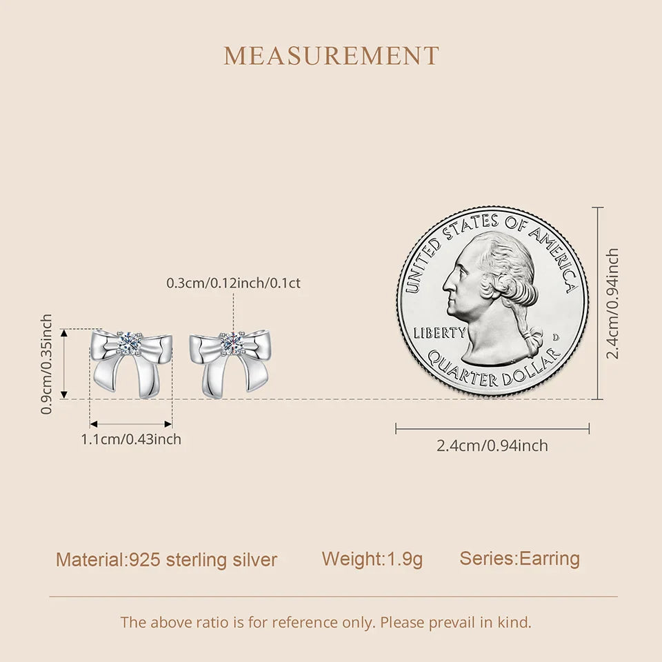 Moissanite Bowknot Stud Earrings S925 Silver Clip-On Wedding Engagement Gift