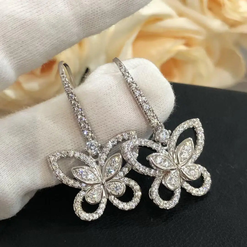 Moissanite Butterfly Drop Earrings 925 Sterling Silver Luxury Sparkling Gift