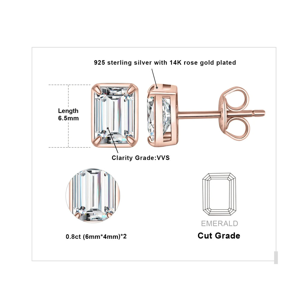 Moissanite D Color 1.6ct Pair Emerald Cut 925 Sterling Silver Stud Earrings