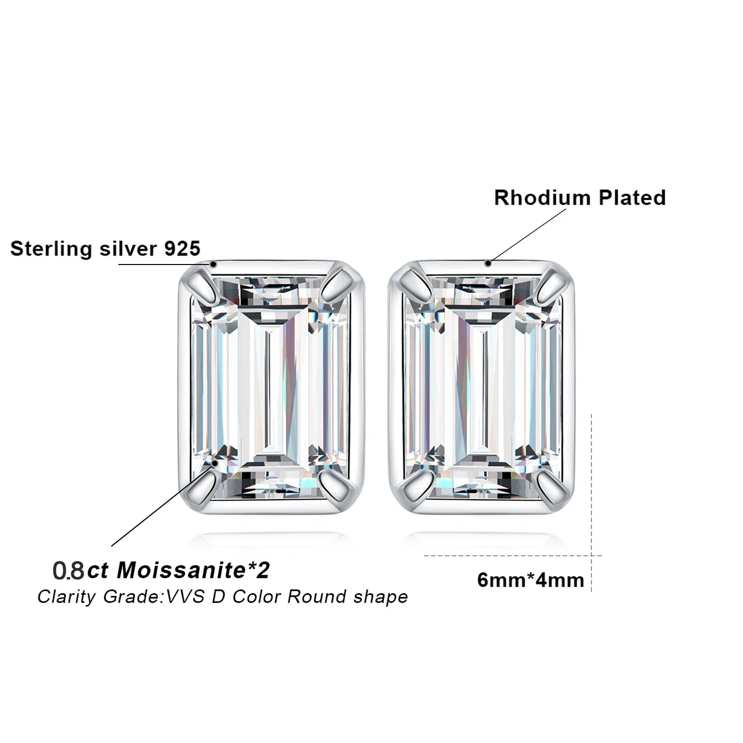 Moissanite D Color 1.6ct Pair Emerald Cut 925 Sterling Silver Stud Earrings