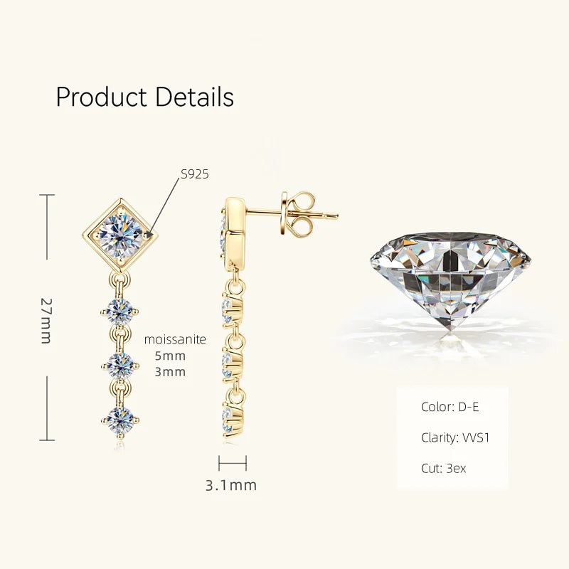 Moissanite Drop Earrings Round D Full Cut Solitaire 925 Sterling Silver