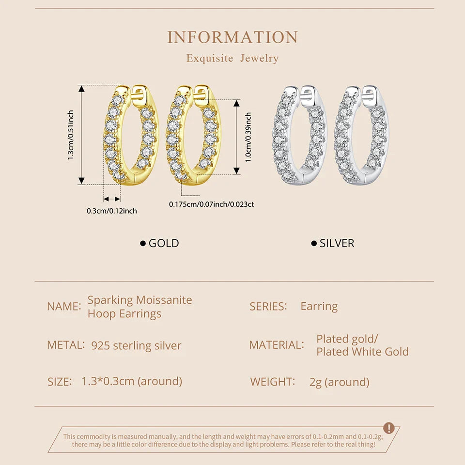 Moissanite Gold Hoop Earrings 925 Sterling Silver D-Color Round Hypoallergenic