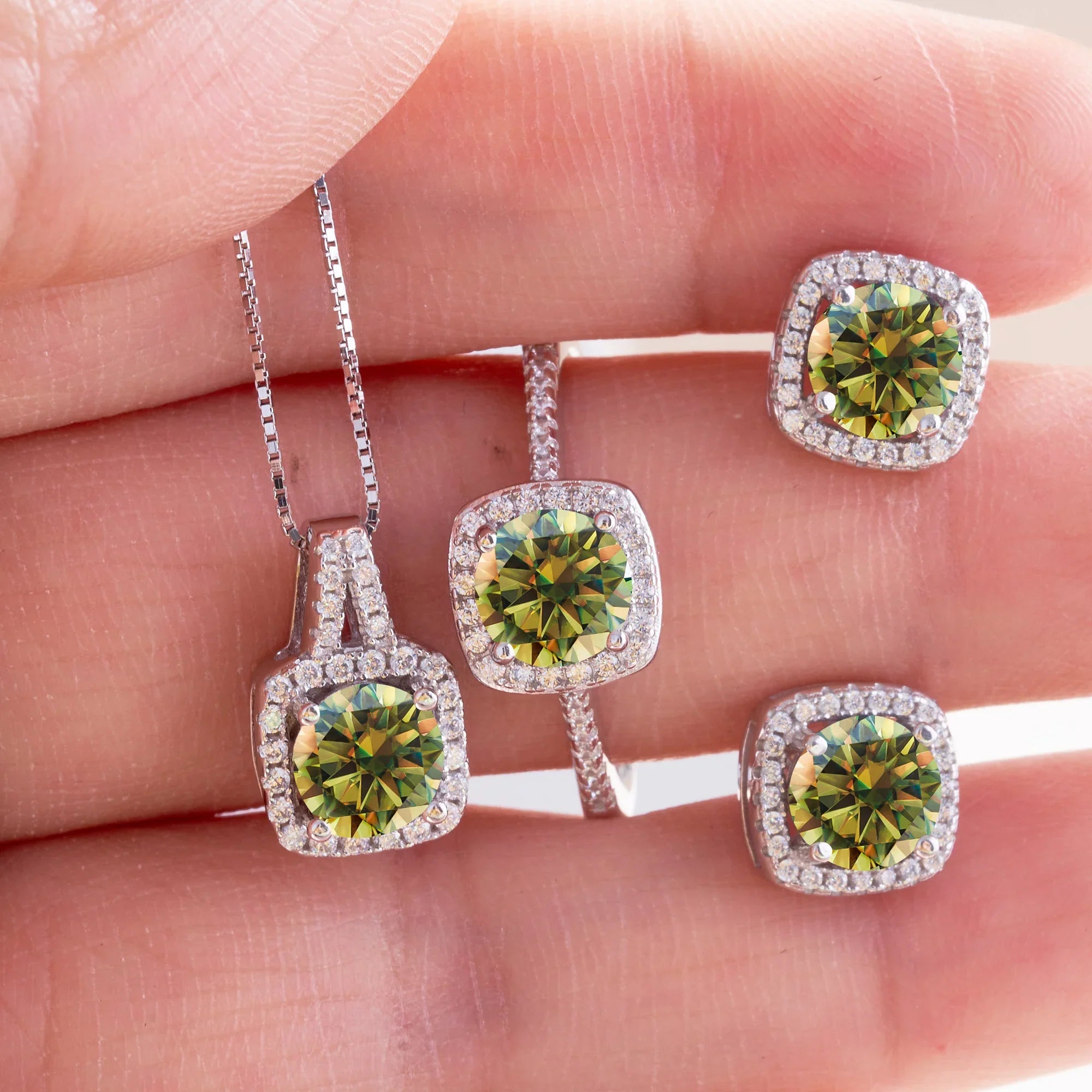 Moissanite D Color Round Cut 925 Sterling Silver Pendant Necklace and Studs Set