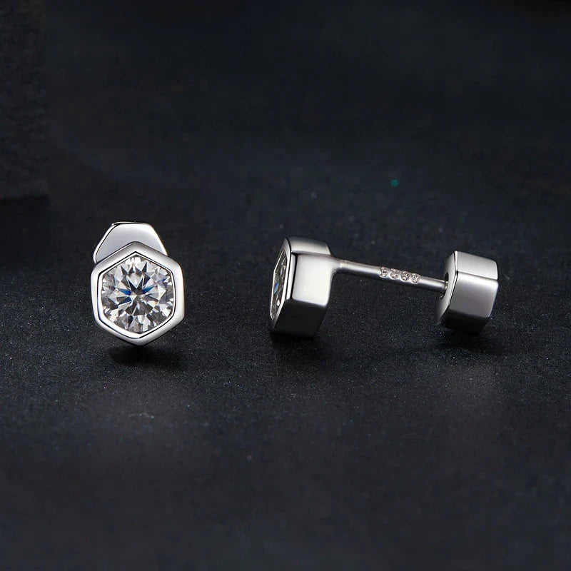 Moissanite Hexagonal Stud Earrings 925 Silver Screw-Back Bezel Gift