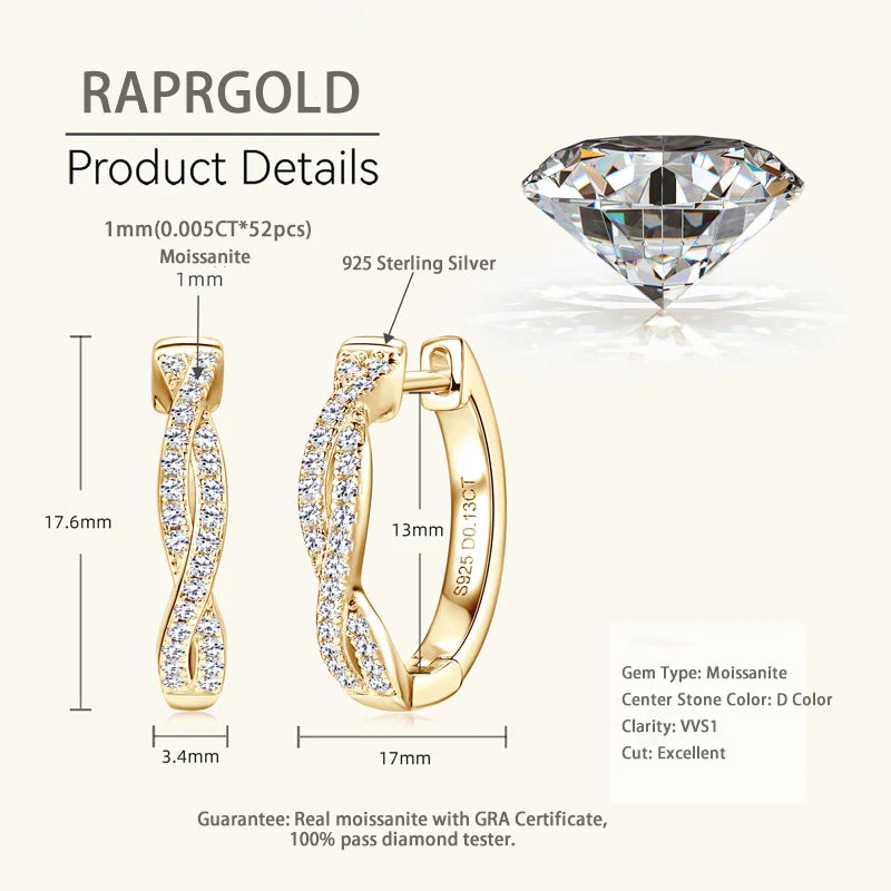 Moissanite Hoop Earrings 925 Sterling Silver Twist Small Hoops For Women