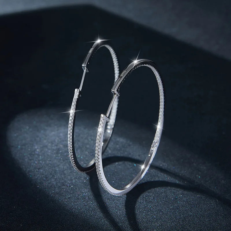 Moissanite Hoop Earrings 30/50mm Sterling Silver 925 Bridal Wedding Hoops