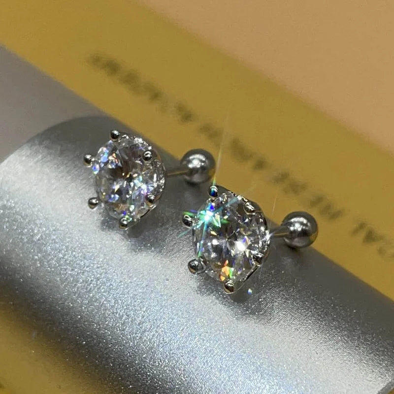 Moissanite Screw Stud Earrings D Color 6-Prong 925 Sterling Silver Wedding