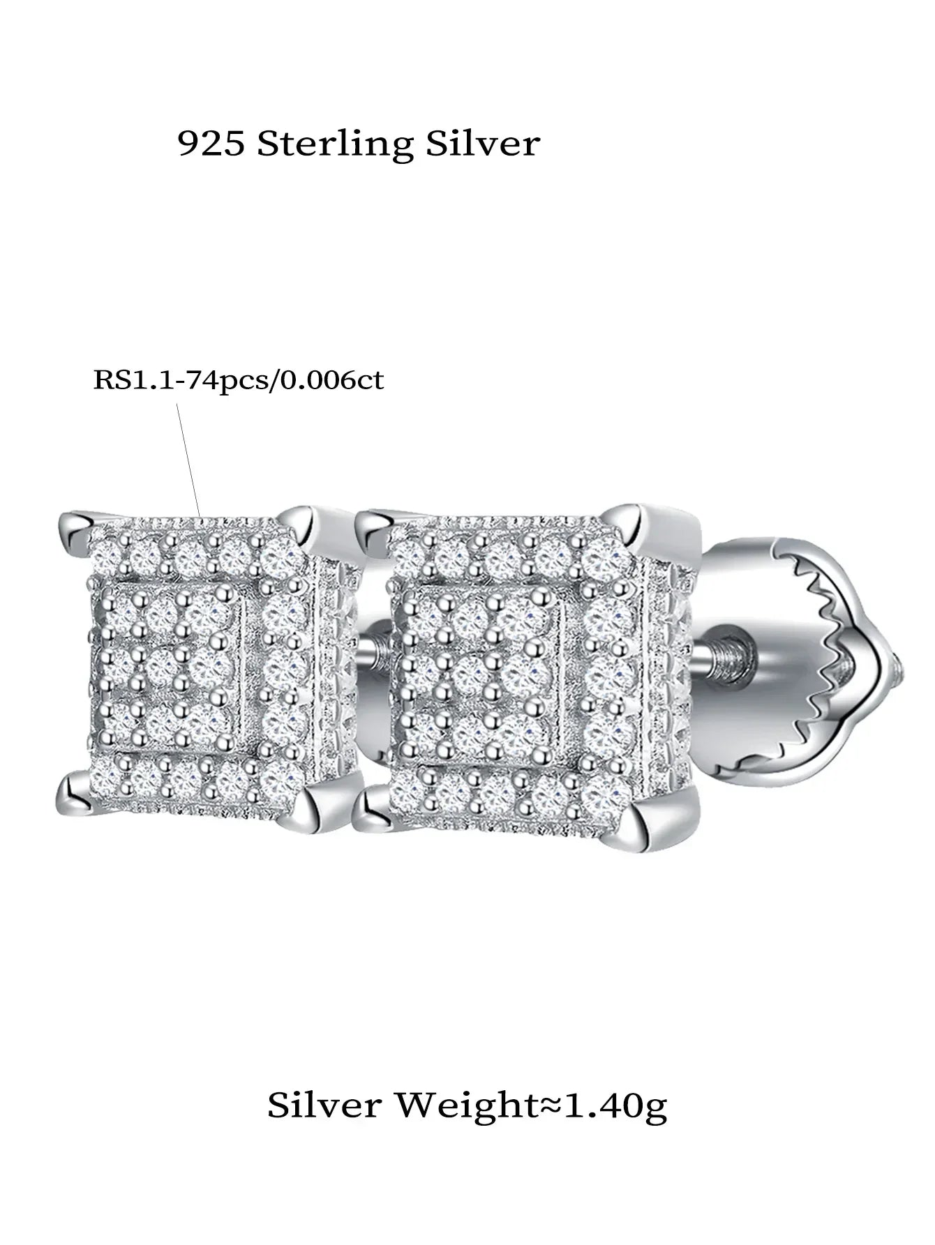 Moissanite Square Stud Earrings 925 Silver Solitaire CZ Look Bridal Engagement