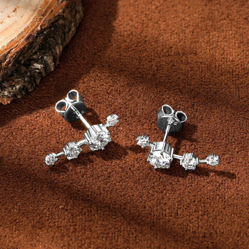 Moissanite Stud Climber Earrings 925 Sterling Silver Round For Women Gift Box
