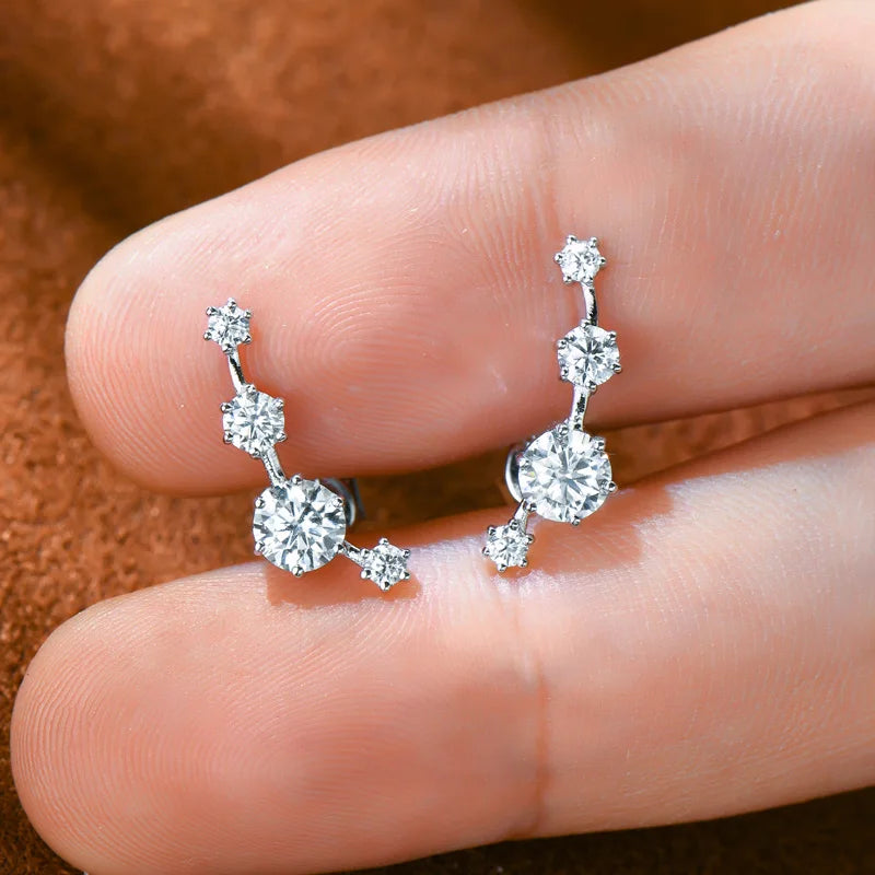 Moissanite Stud Climber Earrings 925 Sterling Silver Round For Women Gift Box